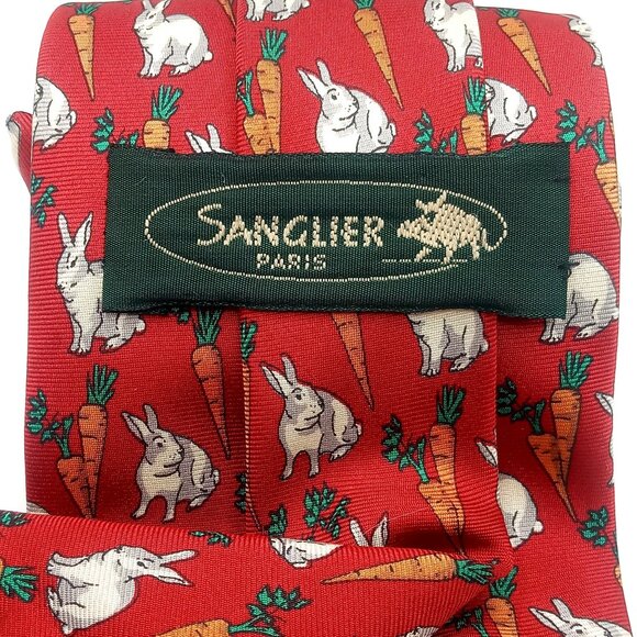 Men's Tie Sanglier Paris 100% Silk Red Rabbit Carrot Pattern Made In France 59"L - Picture 7 of 9